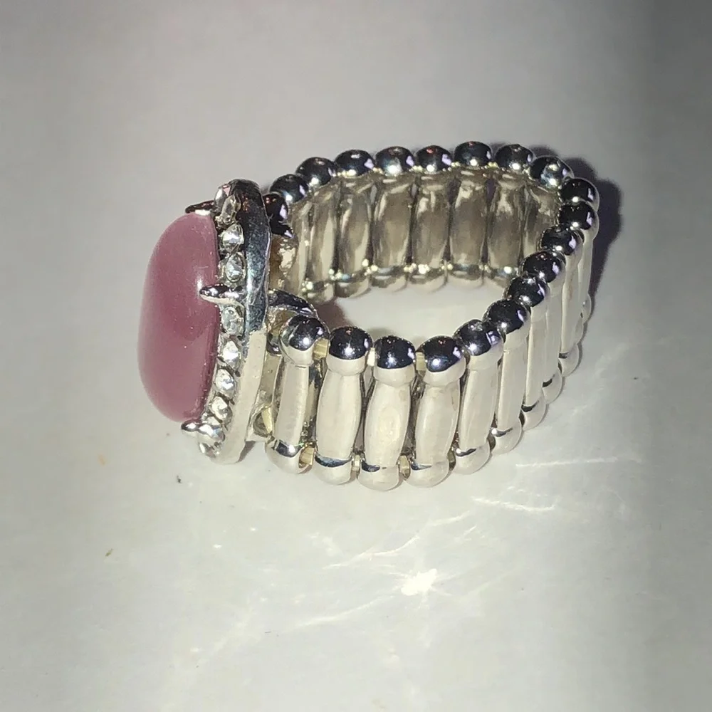 Silver Tone Ring with Pink Cat's Eye Center and Crystal Halo